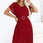 Robe Plissee Rouge Midi Manches Courtes Rouge Taille Unique