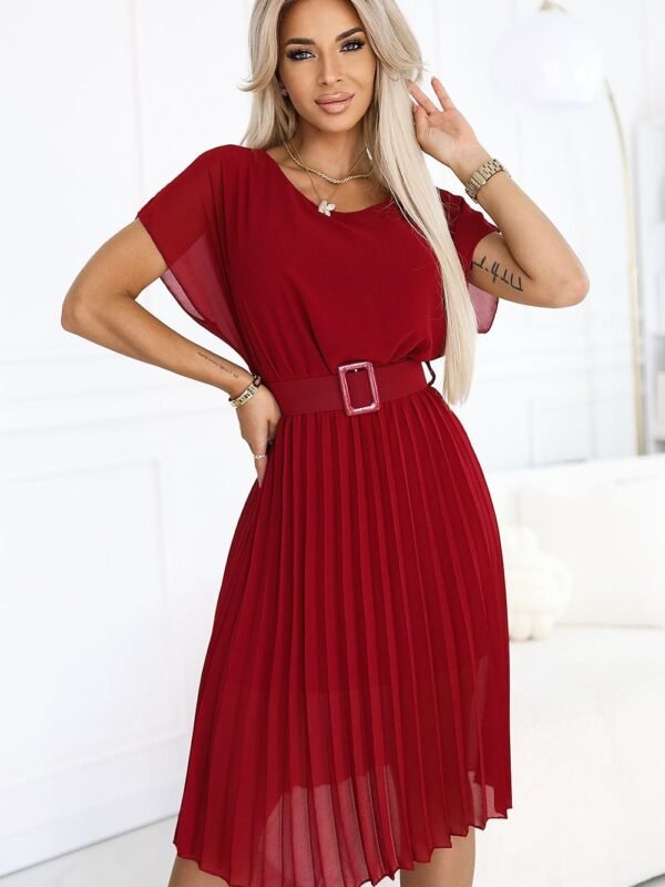 Robe Plissee Rouge Midi Manches Courtes Rouge Taille Unique