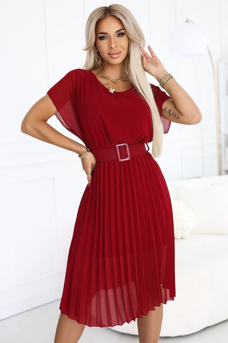 Robe Plissee Rouge Midi Manches Courtes Rouge Taille Unique