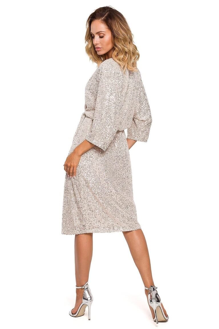 Robe Portefeuille En Paillette Doree Manches Longues