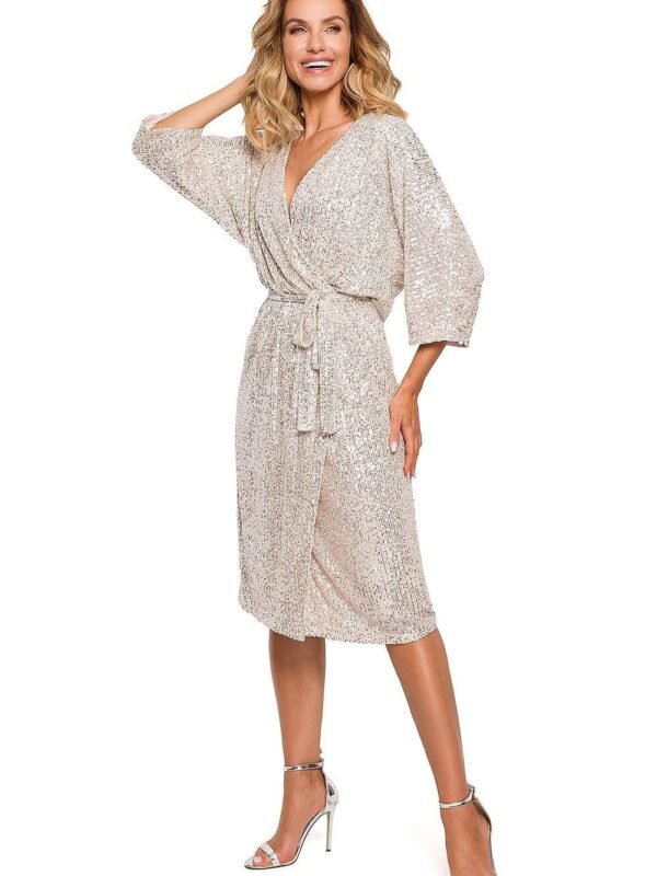 Robe Portefeuille En Paillette Doree Manches Longues S