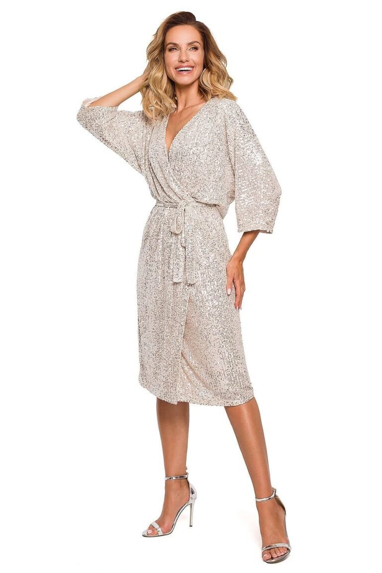 Robe Portefeuille En Paillette Doree Manches Longues S