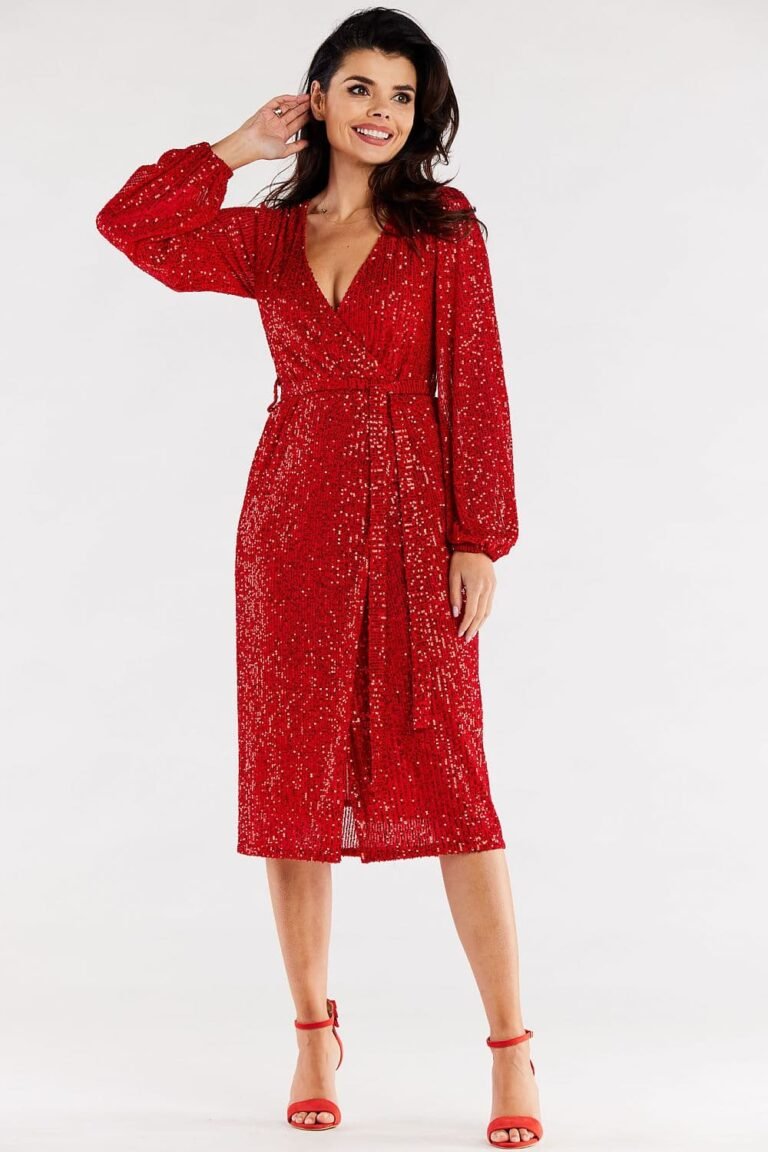 Robe Portefeuille Rouge A Paillettes Manches Longues S