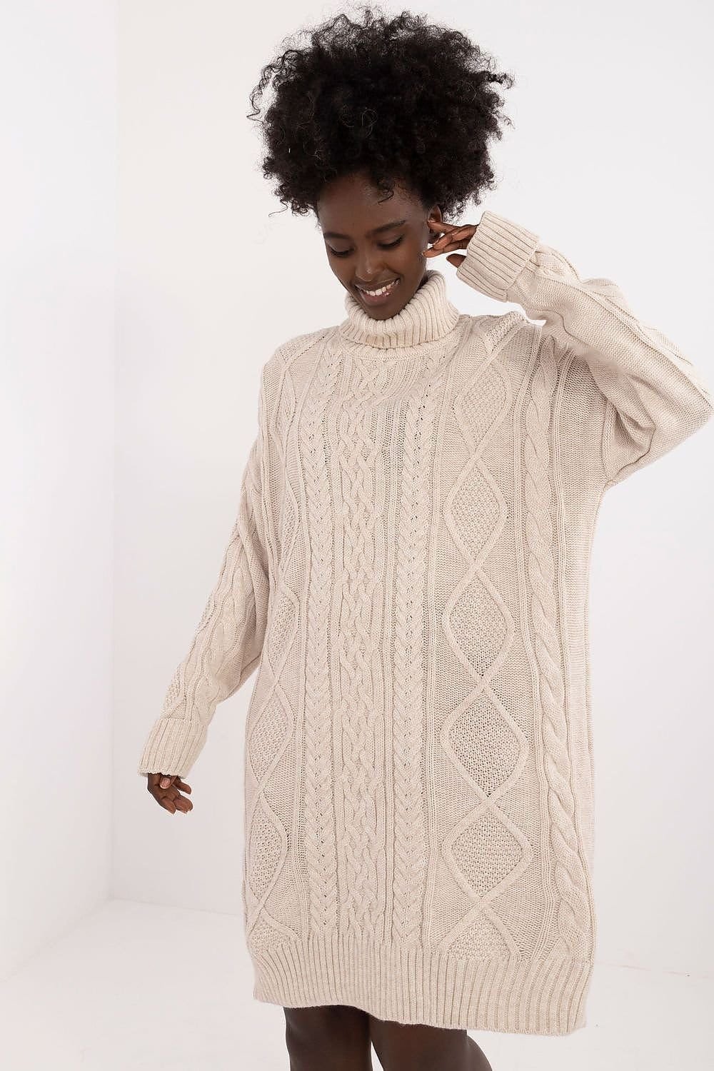 Robe Pull Col Roule Manche Longue Beige Taille Unique