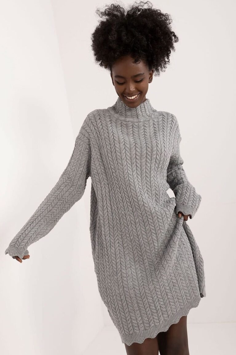 Robe Pull Femme Hiver Col Montant Manches Longues Gris Taille Unique