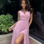 Robe Rose Longue Chic Fendue 34