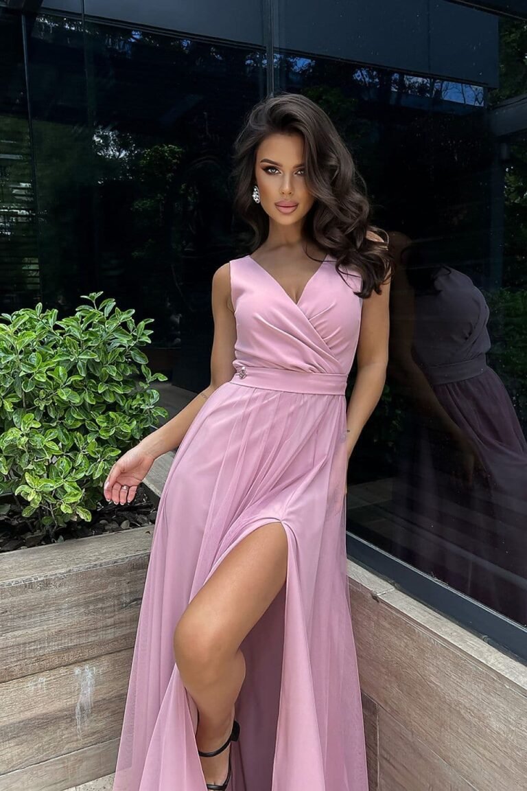 Robe Rose Longue Chic Fendue 34