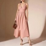 Robe Rose Poudree Midi Evasee A Bretelles