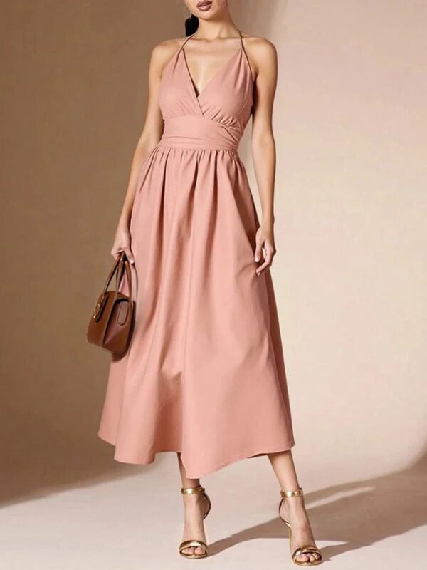 Robe Rose Poudree Midi Evasee A Bretelles