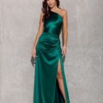 Robe Satin Fendue Longue Chic Pour Soiree Vert 34