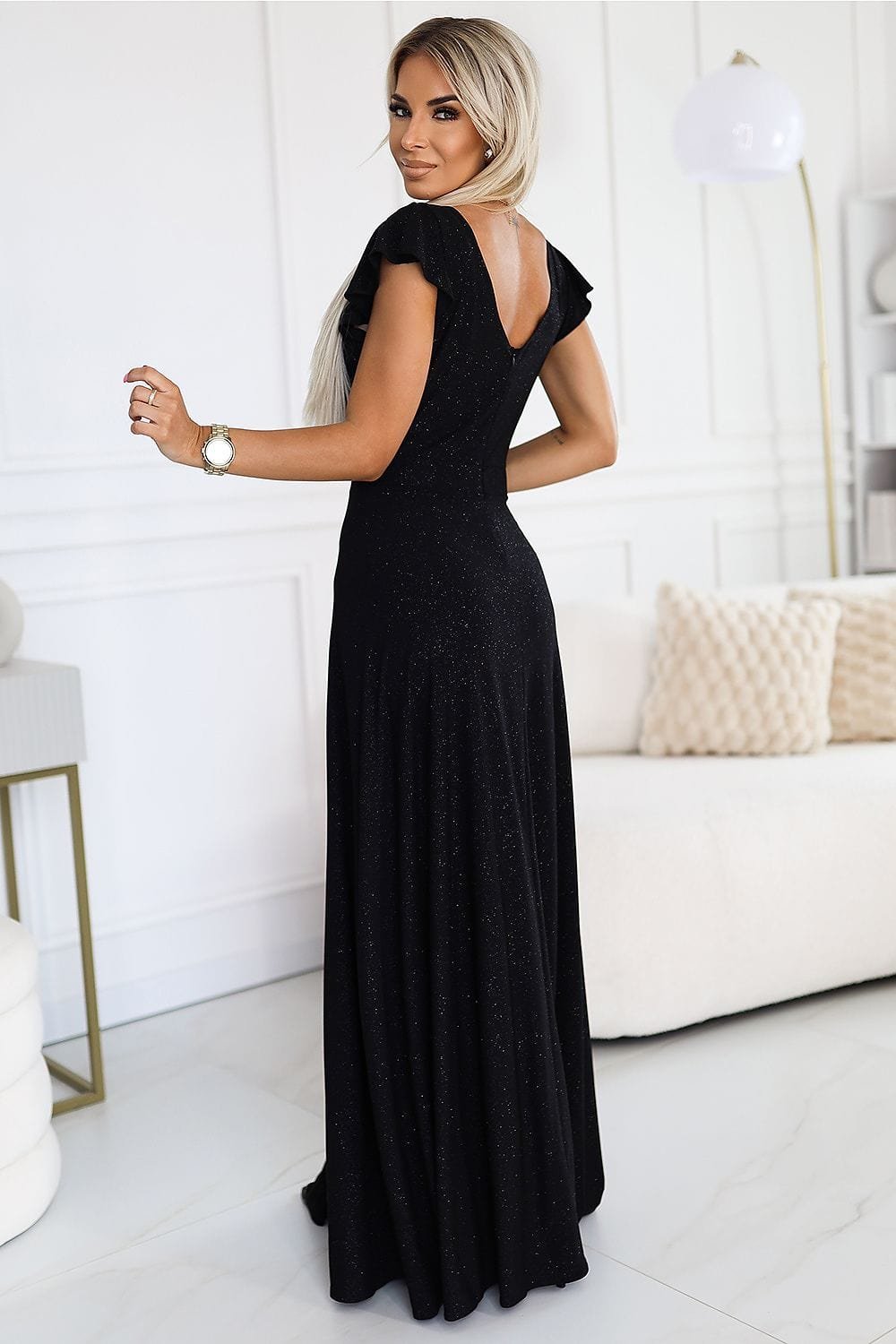 Robe Sequin Longue Fendue Manches Courtes 2