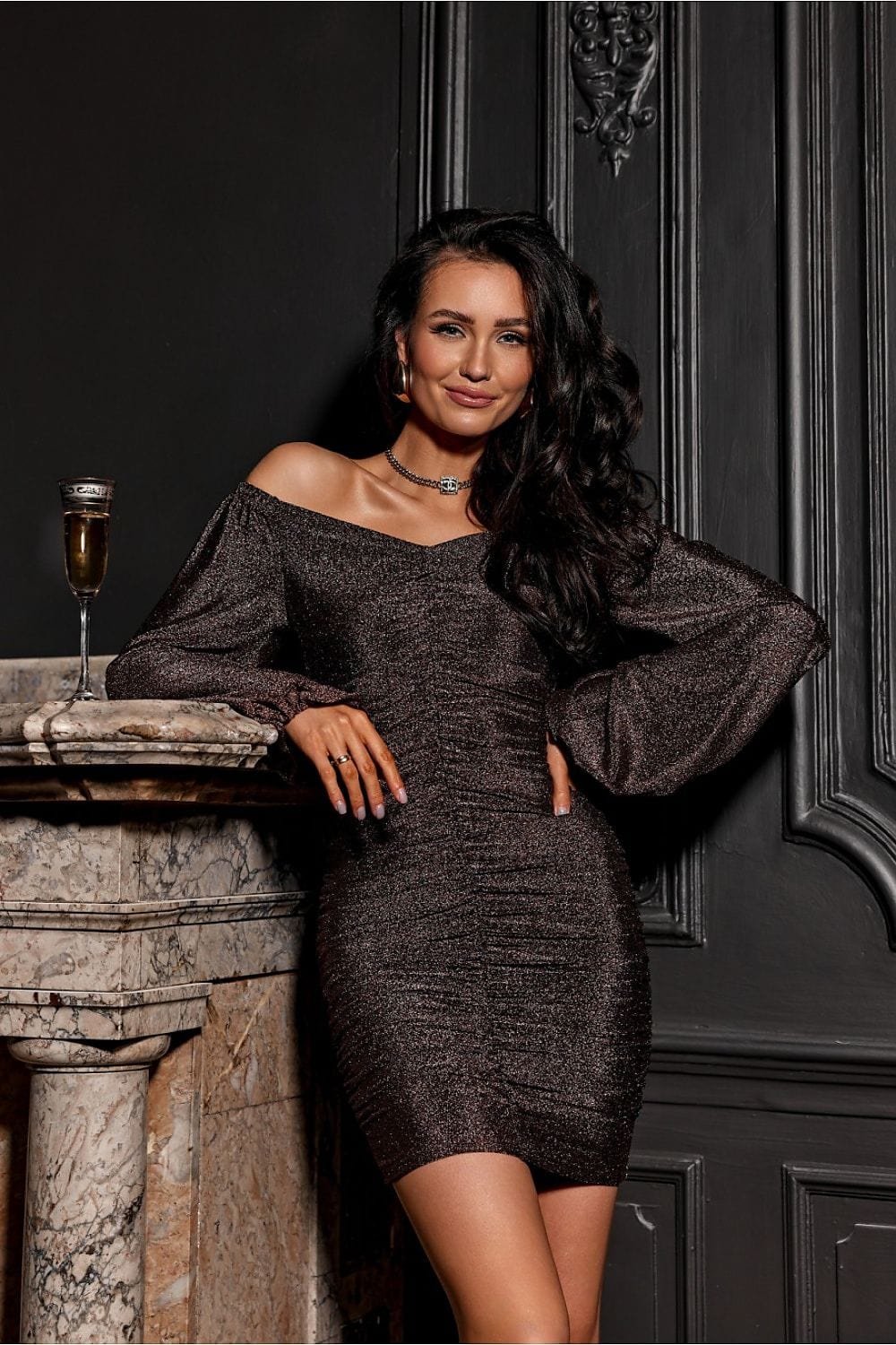 Robe Sequin Mini Manches Longues Bouffantes Marron 36