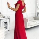 Robe Sequin Rouge Longue Fendue Manches Courtes