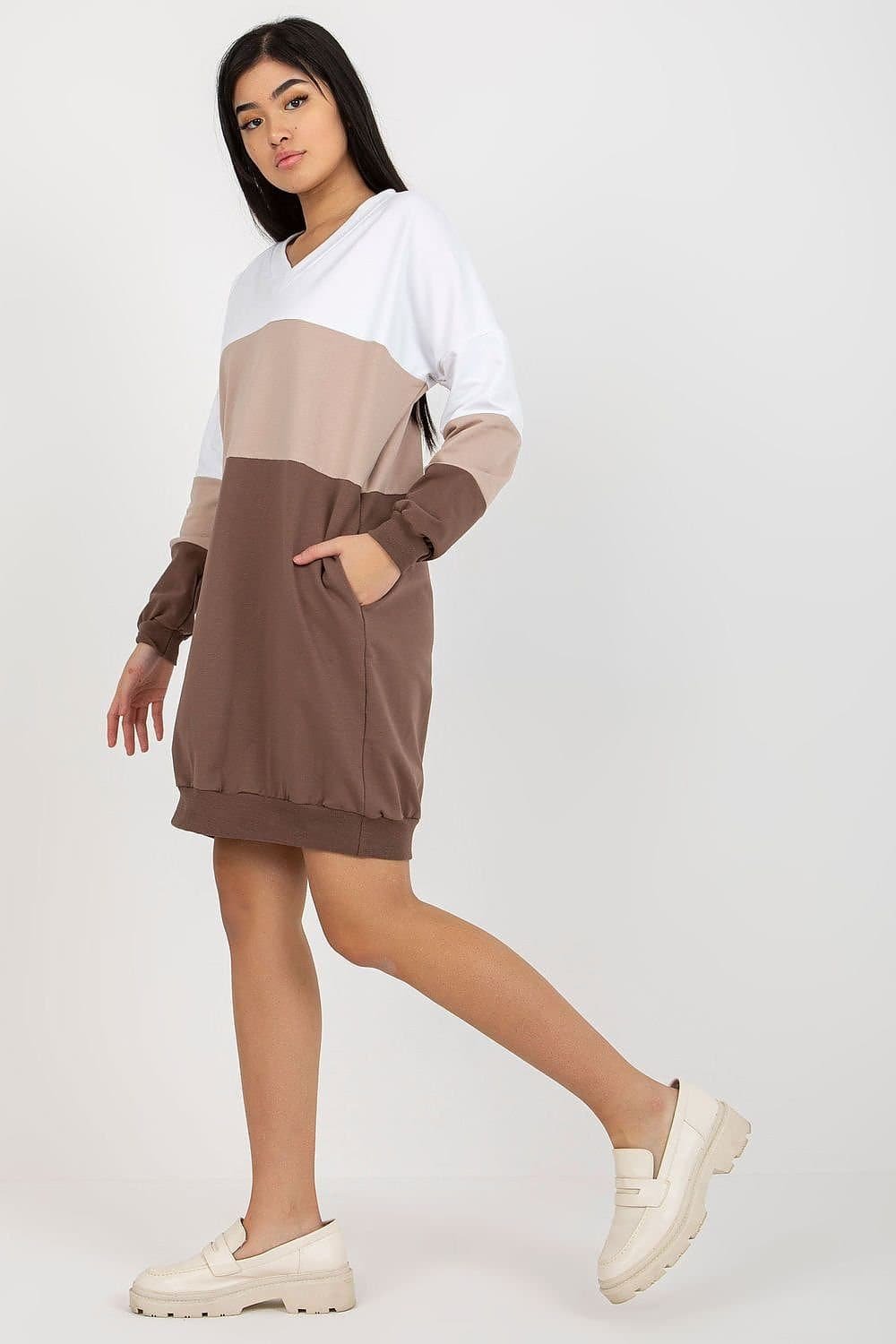 Robe Sweat Bicolore Beige Marron Manches Longues