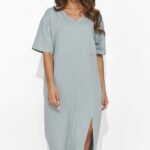 Robe T Shirt Vert Gris Fendue Midi 2