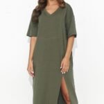 Robe T Shirt Verte Midi Fendue Casual 2