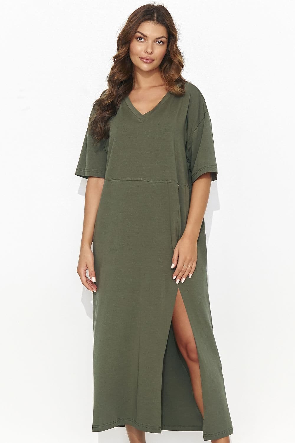 Robe T Shirt Verte Midi Fendue Casual 2