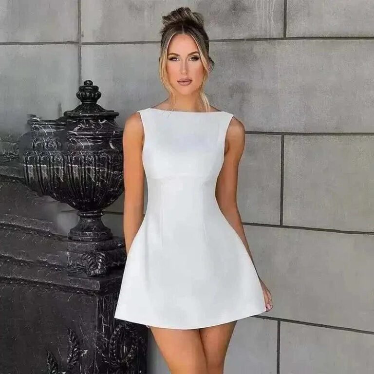 Robe Trapeze Courte Chic Sans Manches Blanc S