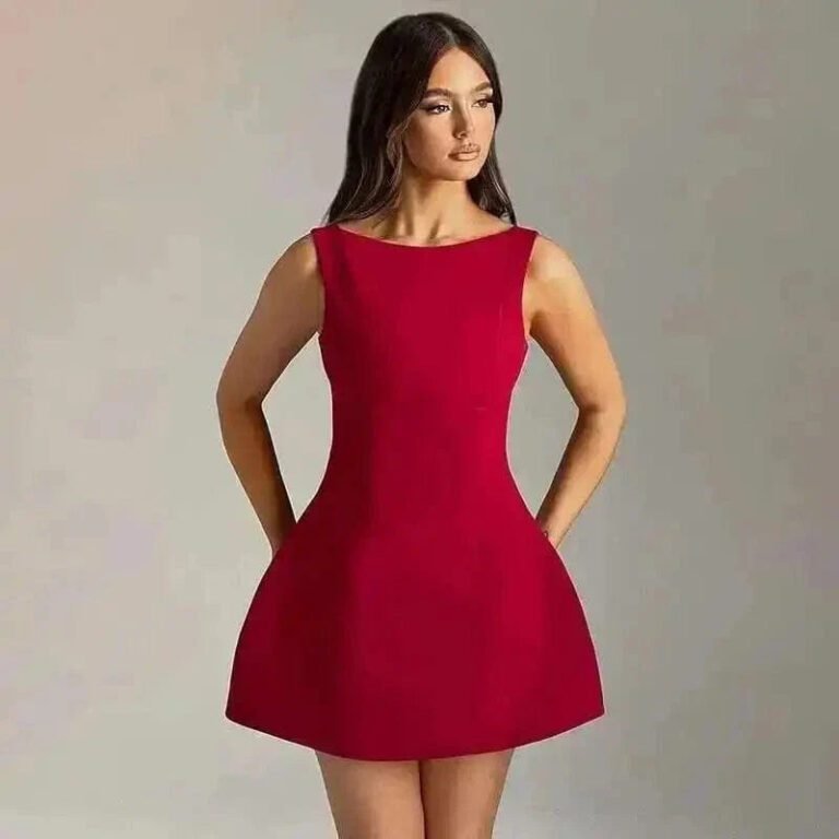Robe Trapeze Courte Chic Sans Manches Rouge S