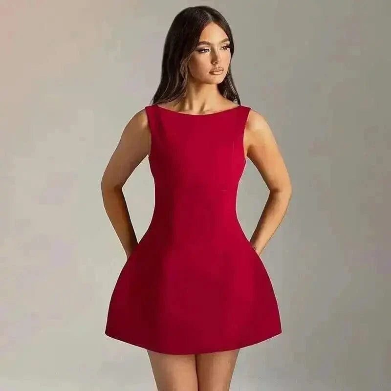 Robe Trapeze Courte Chic Sans Manches Rouge S