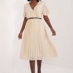 Robe Trapeze Plissee Beige Midi Beige Taille Unique