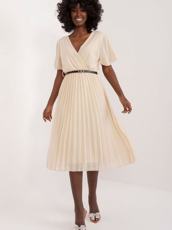 Robe Trapeze Plissee Beige Midi Beige Taille Unique