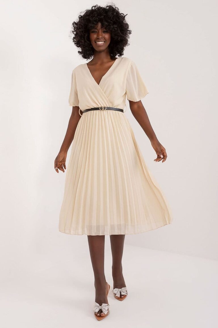 Robe Trapeze Plissee Beige Midi Beige Taille Unique