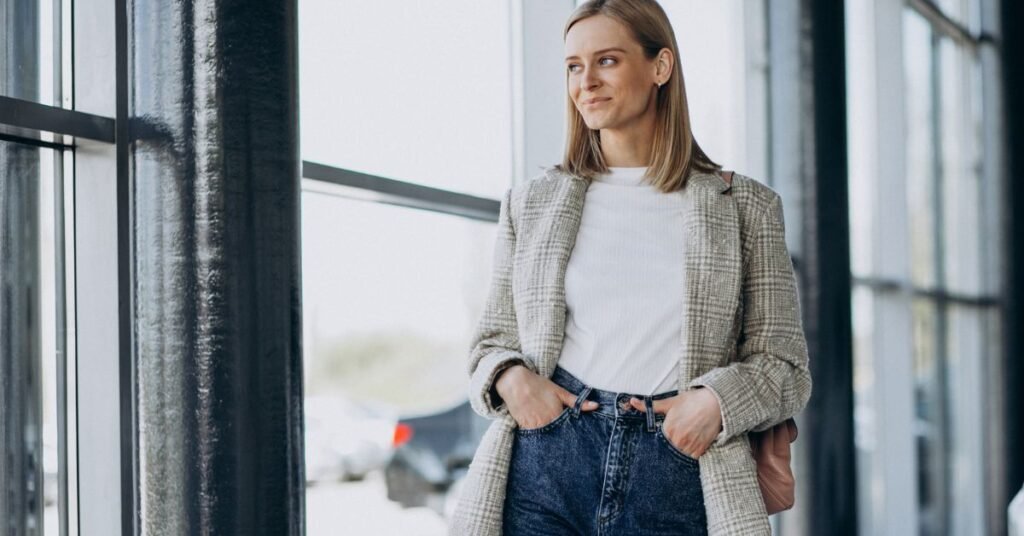 Femme en blazer à carreaux et jean taille haute, style casual chic parfait pour un rendez-vous moderne en journée