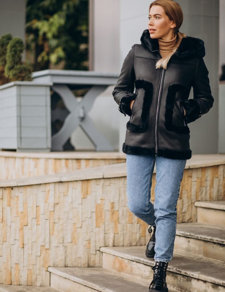 Femme en manteau en cuir noir avec détails en fausse fourrure, look élégant et chaud pour l’hiver