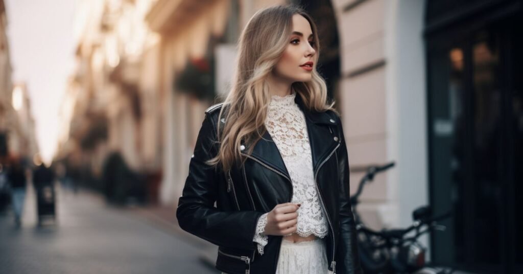 Femme élégante portant une veste en cuir noire sur une robe blanche en dentelle, mélange audacieux de style romantique et rock pour un look affirmé en ville