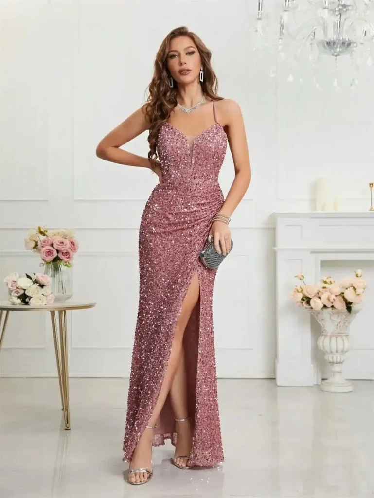 Robe De Soiree Sequin Moulante Sexy Rose S